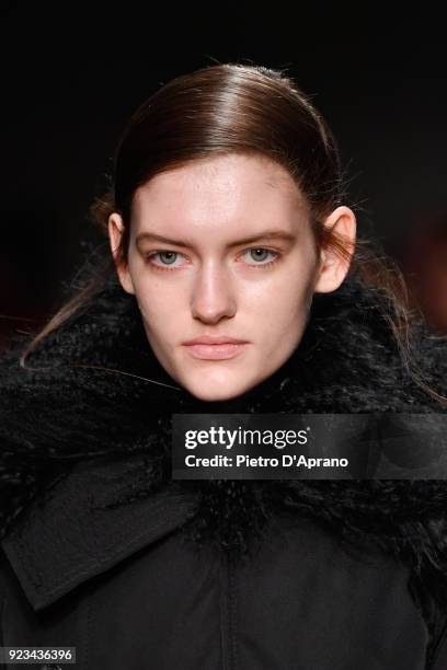 Model walks the runway at the Brognano show during Milan Fashion Week Fall/Winter 2018/19 on February 23, 2018 in Milan, Italy.