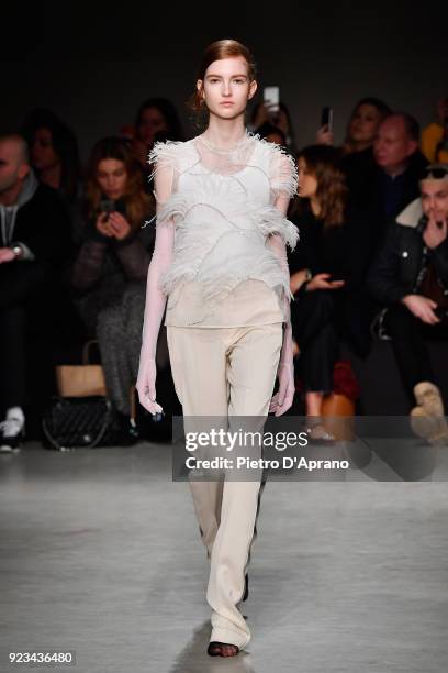 Model walks the runway at the Brognano show during Milan Fashion Week Fall/Winter 2018/19 on February 23, 2018 in Milan, Italy.