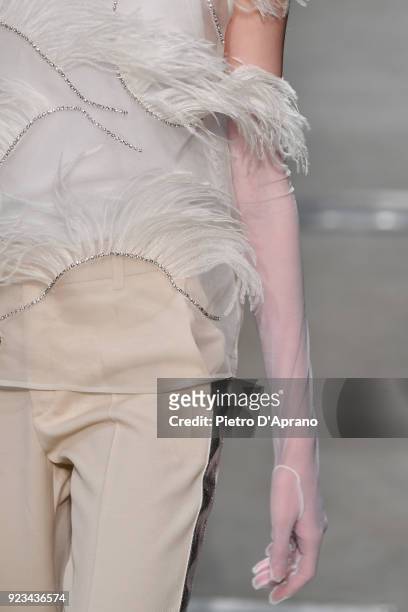 Model, fashion detail, walks the runway at the Brognano show during Milan Fashion Week Fall/Winter 2018/19 on February 23, 2018 in Milan, Italy.