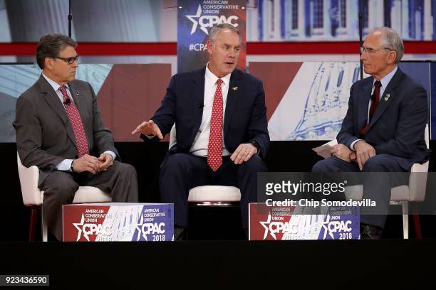 Energy Secretary Rick Perry and Interior Secretary Ryan Zinke address the Conservative Political Action Conference at the Gaylord National Resort and...