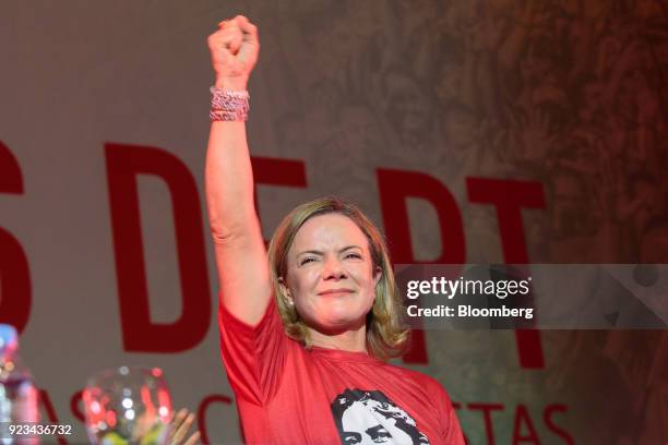 Senator Gleisi Hoffman, president of The Workers' Party , gestures during the 38th Anniversary celebration event in Sao Paulo, Brazil, on Thursday,...