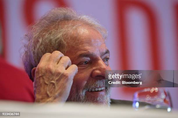 Luiz Inacio Lula da Silva, Brazil's former president, smiles during the 38th Anniversary celebration of the Workers' Party event in Sao Paulo,...