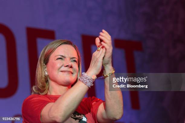 Senator Gleisi Hoffman, president of The Workers' Party , applauds during the 38th Anniversary celebration event in Sao Paulo, Brazil, on Thursday,...
