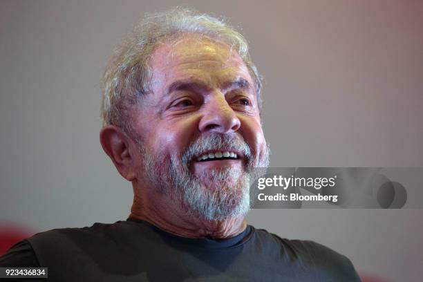 Luiz Inacio Lula da Silva, Brazil's former president, smiles during the 38th Anniversary celebration of the Workers' Party event in Sao Paulo,...