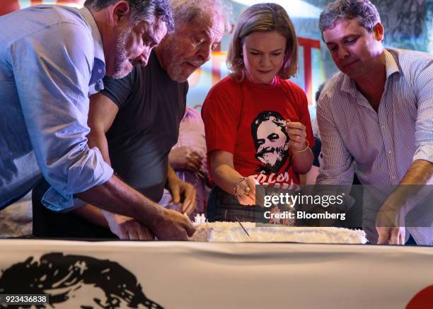 Paulo Pimenta, deputy of Brazil's Lower House, from left, Luiz Inacio Lula da Silva, Brazil's former president, Senator Gleisi Hoffman, president of...