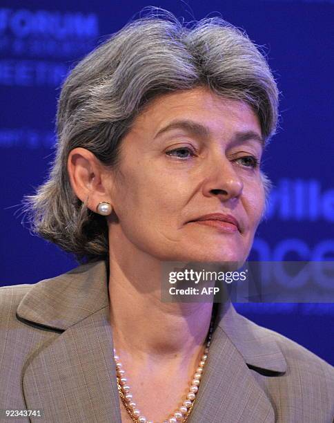 New UNESCO head Irina Bokova from Bulgaria listens to moderator Monique Canto-Sperber while attending a plenary session on October 17, 2009 during...