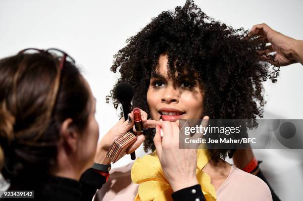 Model backstage prior to the Trend show during the London Fashion Week Festival February 2018 on February 23, 2018 in London, United Kingdom.