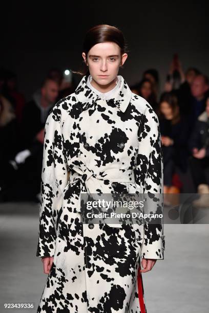 Model walks the runway at the Brognano show during Milan Fashion Week Fall/Winter 2018/19 on February 23, 2018 in Milan, Italy.