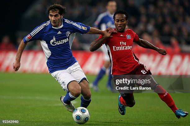 Halil Altintop of Schalke is challenged by Ze Roberto of Hamburg during the Bundesliga match between FC Schalke 04 and Hamburger SV at Veltins Arena...