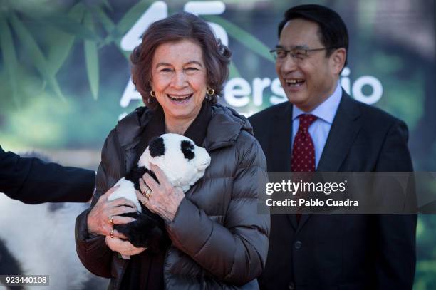 Queen Sofia of Spain and Chinese ambassador to Spain Lyu Fan attend an official act for the conservation of giant panda bears at the Zoo Aquarium on...