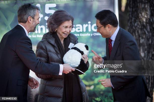 Queen Sofia of Spain and Chinese ambassador to Spain Lyu Fan attend an official act for the conservation of giant panda bears at the Zoo Aquarium on...