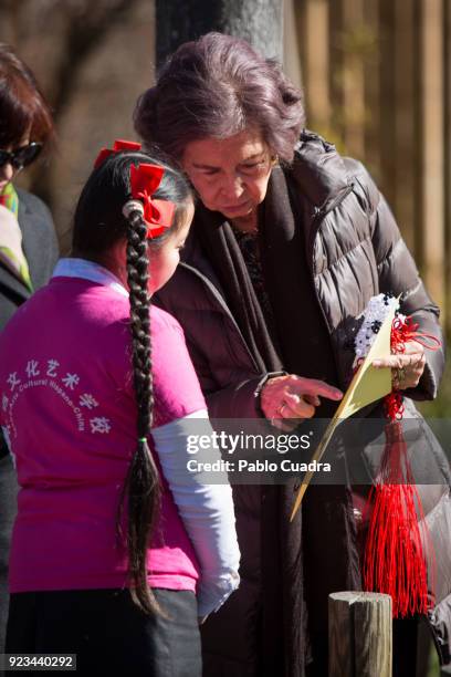 Queen Sofia of Spain attends an official act for the conservation of giant panda bears at the Zoo Aquarium on February 23, 2018 in Madrid, Spain.