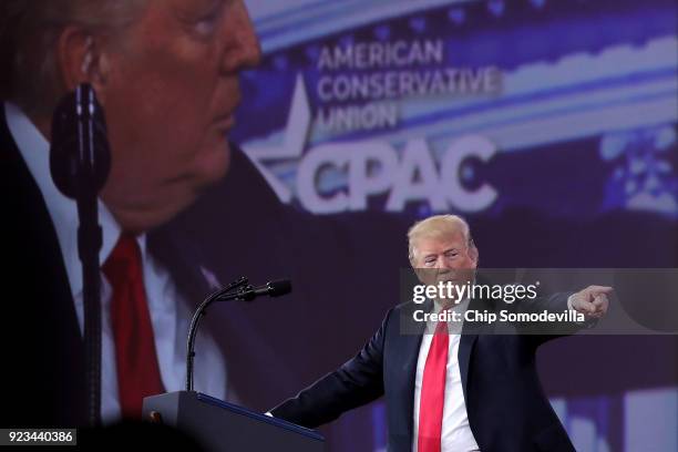 President Donald Trump addresses the Conservative Political Action Conference at the Gaylord National Resort and Convention Center February 23, 2018...