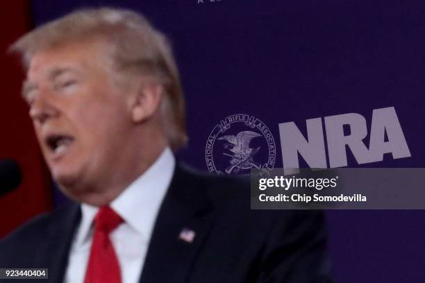 President Donald Trump addresses the Conservative Political Action Conference at the Gaylord National Resort and Convention Center February 23, 2018...