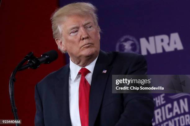 President Donald Trump addresses the Conservative Political Action Conference at the Gaylord National Resort and Convention Center February 23, 2018...