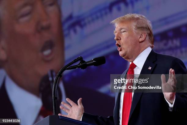 President Donald Trump addresses the Conservative Political Action Conference at the Gaylord National Resort and Convention Center February 23, 2018...