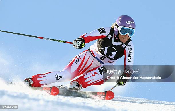Michaela Kirchgasser of Austria competes in the Women's giant slalom event of the Woman's Alpine Skiing FIS World Cup at the Rettenbachgletscher on...