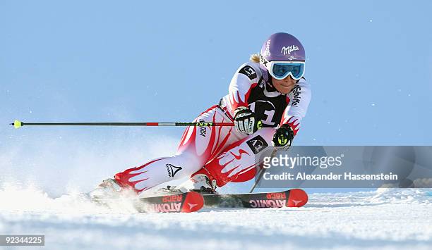 Michaela Kirchgasser of Austria competes in the Women's giant slalom event of the Woman's Alpine Skiing FIS World Cup at the Rettenbachgletscher on...