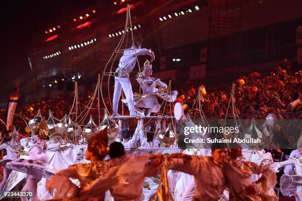 Russian performers dance down the street during the Cultural Fantasy, Chingay Parade on February 23, 2018 in Singapore. The Chingay Parade started in...