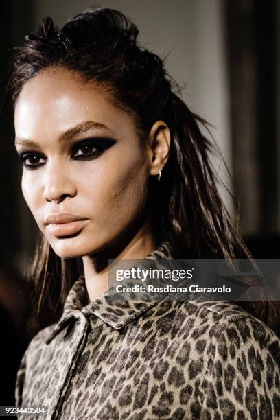 Model Joan Smalls is seen backstage ahead of the Max Mara show during Milan Fashion Week Fall/Winter 2018/19 on February 22, 2018 in Milan, Italy.