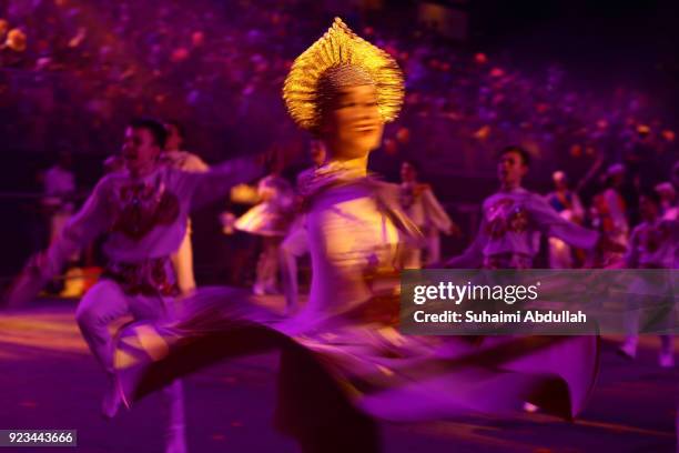 Russian performers dance down the street during the Cultural Fantasy, Chingay Parade on February 23, 2018 in Singapore. The Chingay Parade started in...