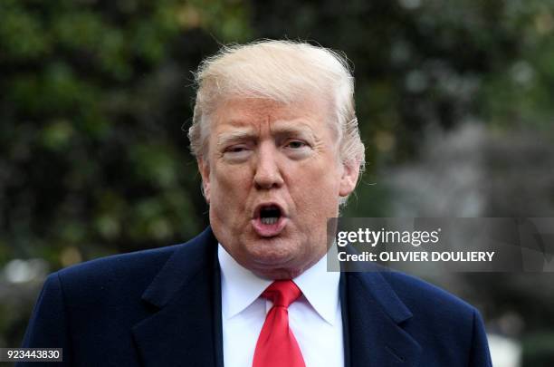 President Donald Trump takes questions from the media as he departs the South Lawn of the White House in Washington, DC en route the Nationael...