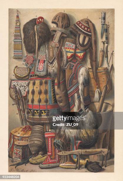 culture devices of north asian people, lithograph, published in 1897 - ancient stock illustrations