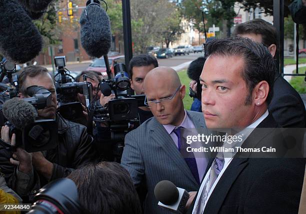 Television reality star Jon Gosselin speaks with the media as he leaves Montgomery County Courthouse after a hearing regarding his divorce from wife...