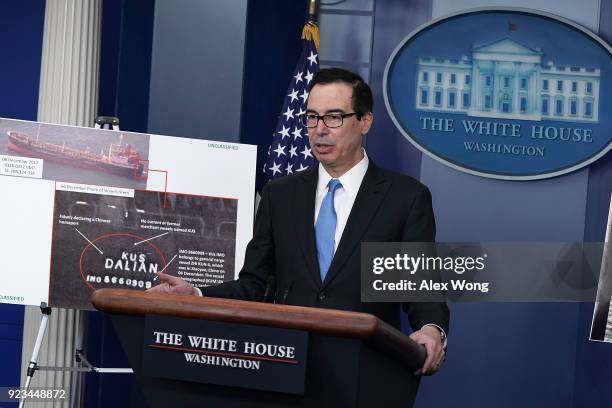 Treasury Secretary Steven Mnuchin briefs members of the media in the James Brady Press Briefing Room of the White House February 23, 2018 in...