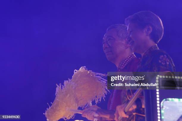 Singapore Prime Minister, Lee Hsien Loong and wife, Ho Ching join in the float procession during the Cultural Fantasy, Chingay Parade on February 23,...