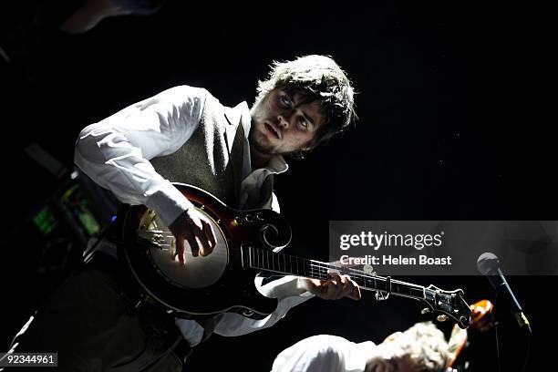 Winston Marshall of Mumford And Sons performs on stage as part of the Q Awards Gigs at The Forum on October 24, 2009 in London, England.
