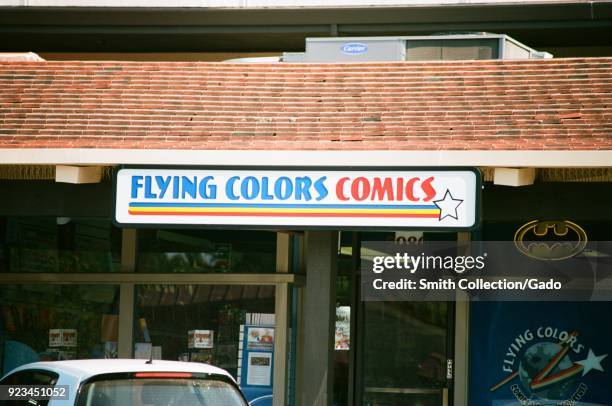 Sign on facade of Flying Colors Comics, and independent comic book store in Concord, California, September 8, 2017.