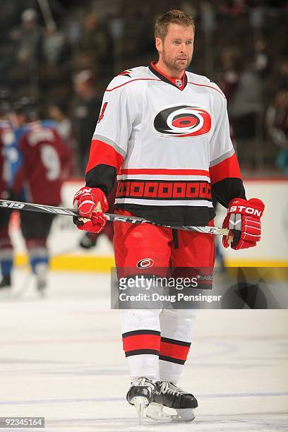Aaron Ward of the Carolina Hurricanes warms up prior to facing the Colorado Avalanche during NHL action at the Pepsi Center on October 23, 2009 in...