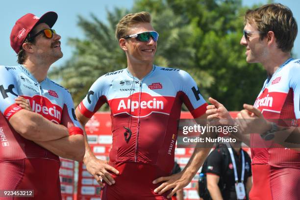 Marco Haller, Marcel Kittel and Alex Dowsett from Team Katusha - Alpecin ahead of the third stage, 133km Nations Tower Stage, from Nation Towers and...