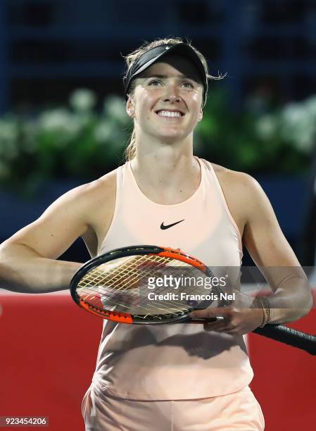 Elina Svitolina of Ukraine celebrates victory after her semi final match against Angelique Kerber of Germany during day five of the WTA Dubai Duty...