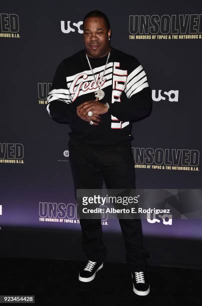 Rapper Busta Rhymes attends the premiere of USA Network's "Unsolved: The Murders of Tupac and The Notorious B.I.G. At Avalon on February 22, 2018 in...