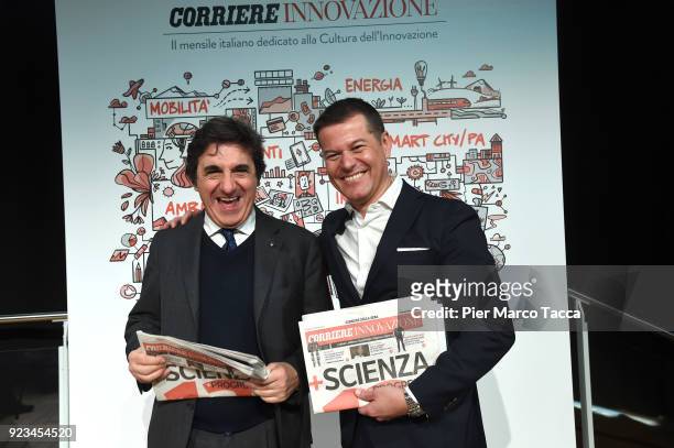 Urbano Cairo CEO of RCS Media Group and Director of Corriere Innovazione Massimo Sideri pose during the launch of Corriere Innovazione at the...