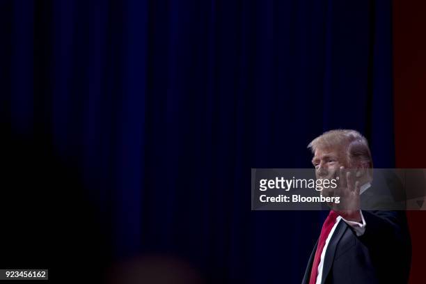 President Donald Trump waves after speaking at the Conservative Political Action Conference in National Harbor, Maryland, U.S., on Friday, Feb. 23,...