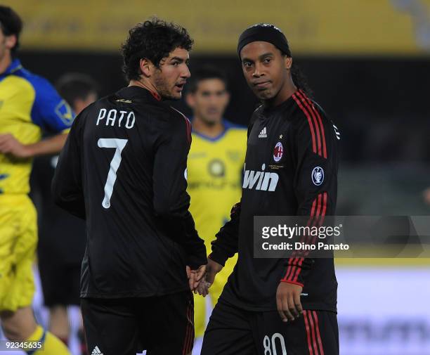 Pato of AC Milan his congratulation by teammate and Ronaldinho during the Serie A match between AC Chievo Verona and AC Milan at Stadio Marcantonio...
