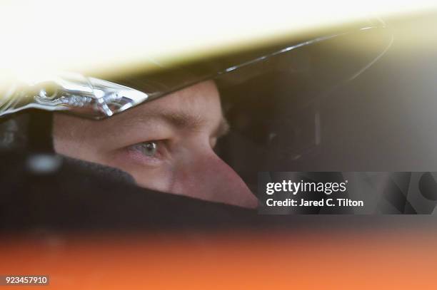 Brad Keselowski, driver of the Autotrader Ford, sits in his car during practice for the Monster Energy NASCAR Cup Series Folds of Honor QuikTrip 500...