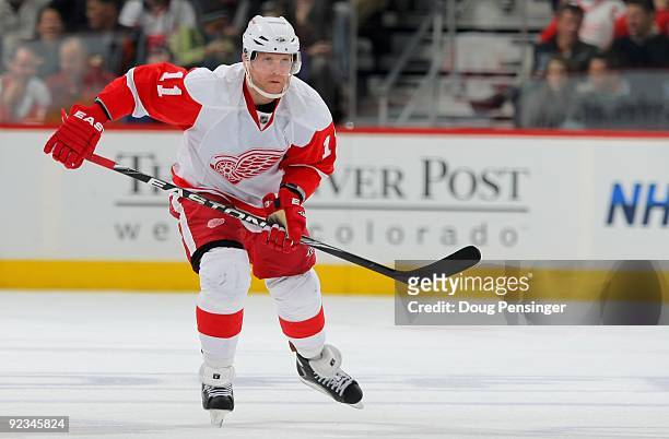 Dan Cleary of the Detroit Red Wings skates against the Colorado Avalanche during NHL action at the Pepsi Center on October 24, 2009 in Denver,...