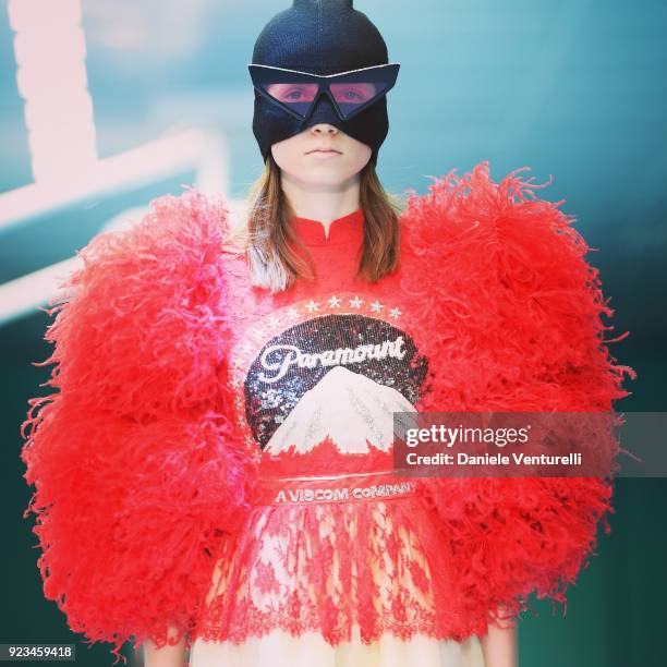 Model walks the runway at the Gucci show during Milan Fashion Week Fall/Winter 2018/19 on February 21, 2018 in Milan, Italy.