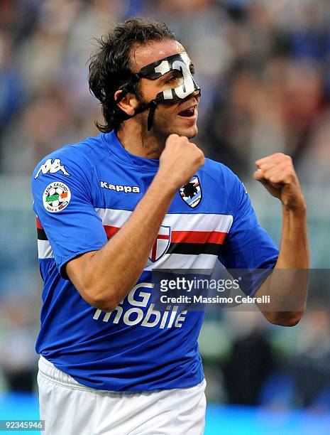Giampaolo Pazzini of UC Sampdoria celebrates scoring his team first goal during the Serie A match between UC Sampdoria and Bologna FC at Stadio Luigi...
