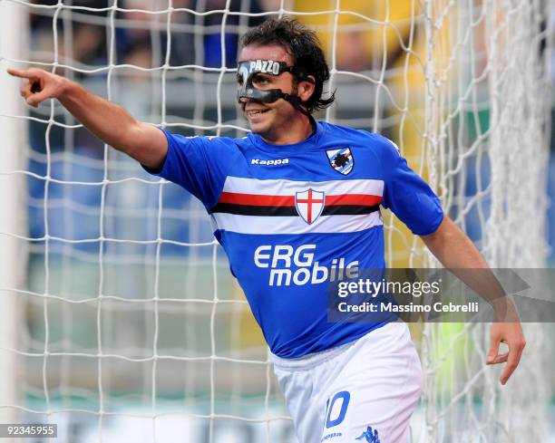 Giampaolo Pazzini of UC Sampdoria celebrates scoring his team first goal during the Serie A match between UC Sampdoria and Bologna FC at Stadio Luigi...