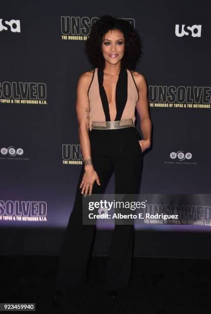 Actress Annie Ilonzeh attends the premiere of USA Network's "Unsolved: The Murders of Tupac and The Notorious B.I.G. At Avalon on February 22, 2018...