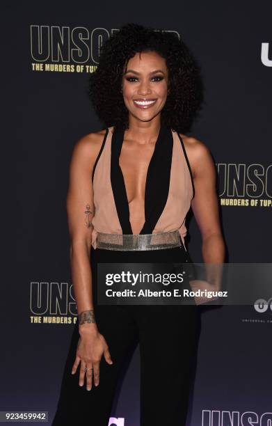 Actress Annie Ilonzeh attends the premiere of USA Network's "Unsolved: The Murders of Tupac and The Notorious B.I.G. At Avalon on February 22, 2018...