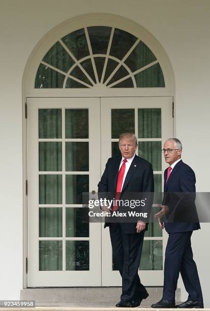 President Donald Trump walks through the Colonnade with Australian Prime Minister Malcolm Turnbull after Turnbull's arrival at the White House...