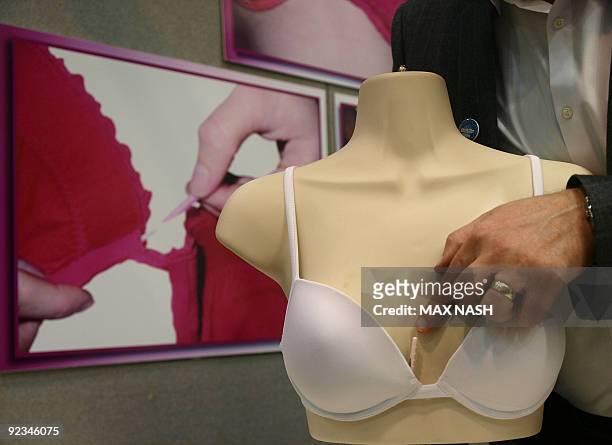Clip, used to repair bra's, is pictured at the British Invention Show in Alexandra Palace in north London, on October 17, 2009. Portable gyms,...