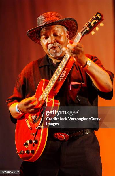 American Blue musician Jody Williams plays guitar as he performs, with the Bo Diddley Reunion Band, on Grant Park's Petrillo Music Shell stage during...