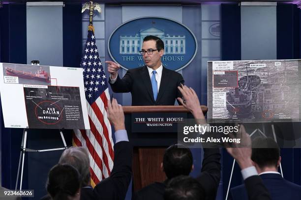 Treasury Secretary Steven Mnuchin briefs members of the media in the James Brady Press Briefing Room of the White House February 23, 2018 in...